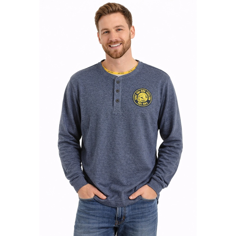Ski-Doo Mens Waffle Knit Thermal Long‎ Sleeve Henley Shirt XLG Blue Logo Patch